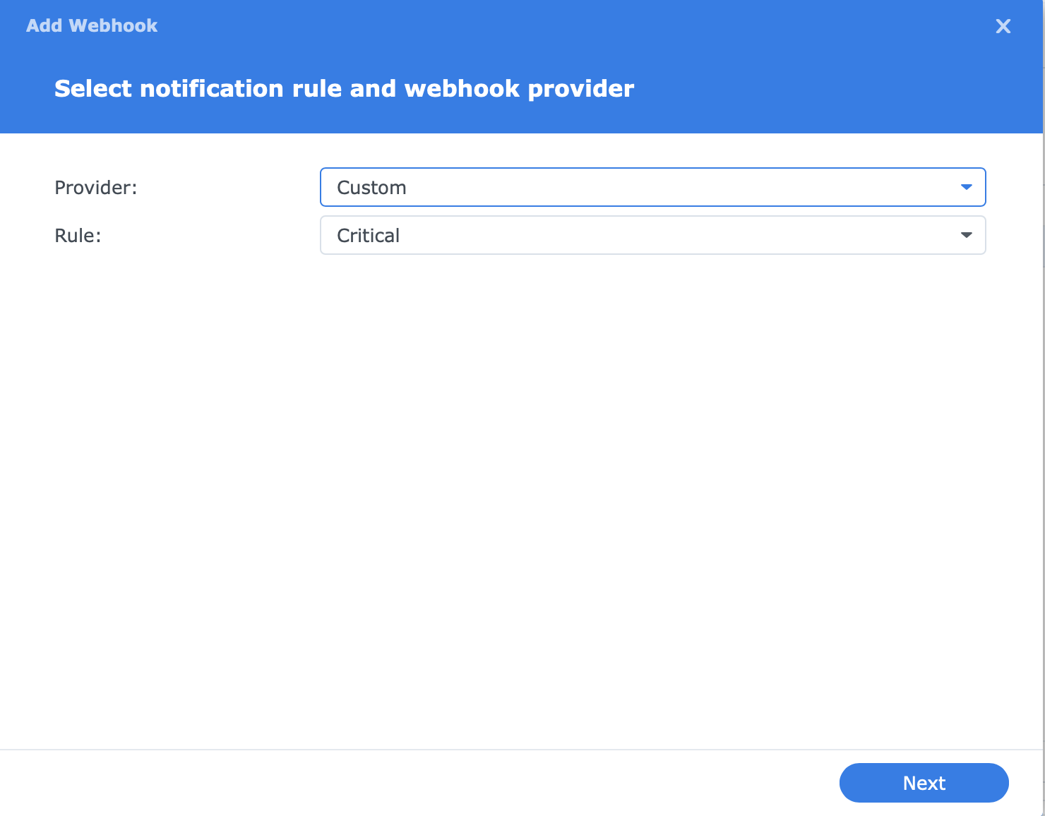 DSM Webhooks configuration with Provider set to Custom and Rule set to Critical