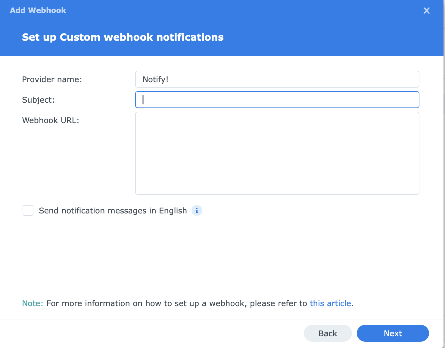 DSM provider details with Provider Name set to Notify and Subject left blank